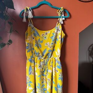 Yellow Floral romper with Blue and White Accents